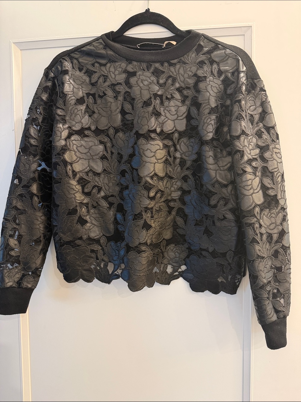Alice + Olivia Black Floral Lace Overlay Sweatshirt